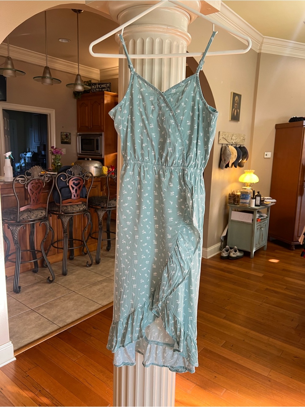 Girls' Light Blue Floral Ruffle Midi Dress with Spaghetti Straps